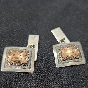 Vintage SCF silver and copper engraved cufflinks set, made in Mexico